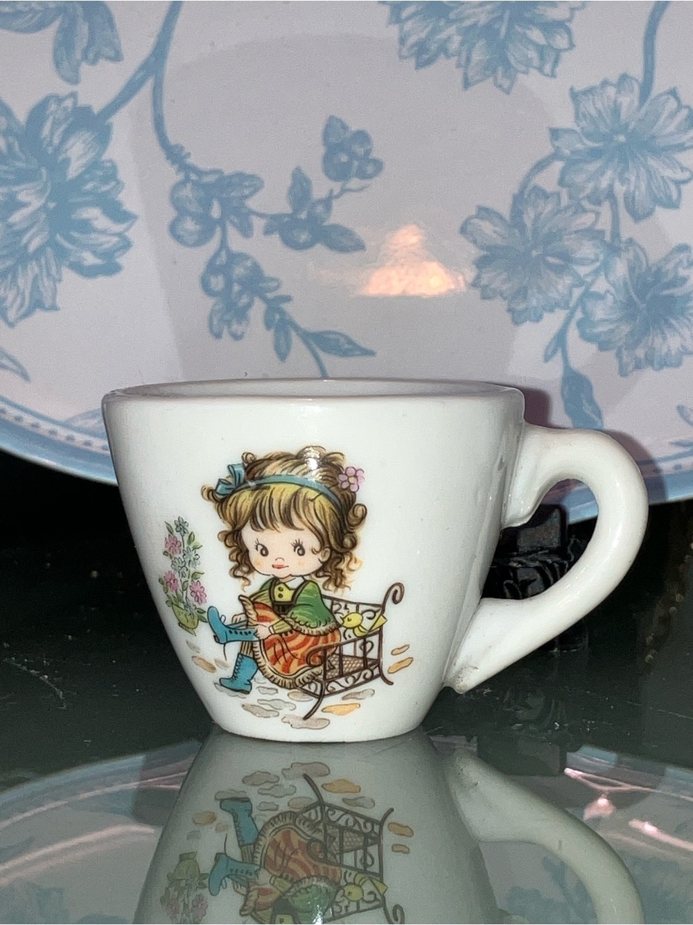Vintage 80’s Japan Ceramic Mini Teacup with Girl on Bench